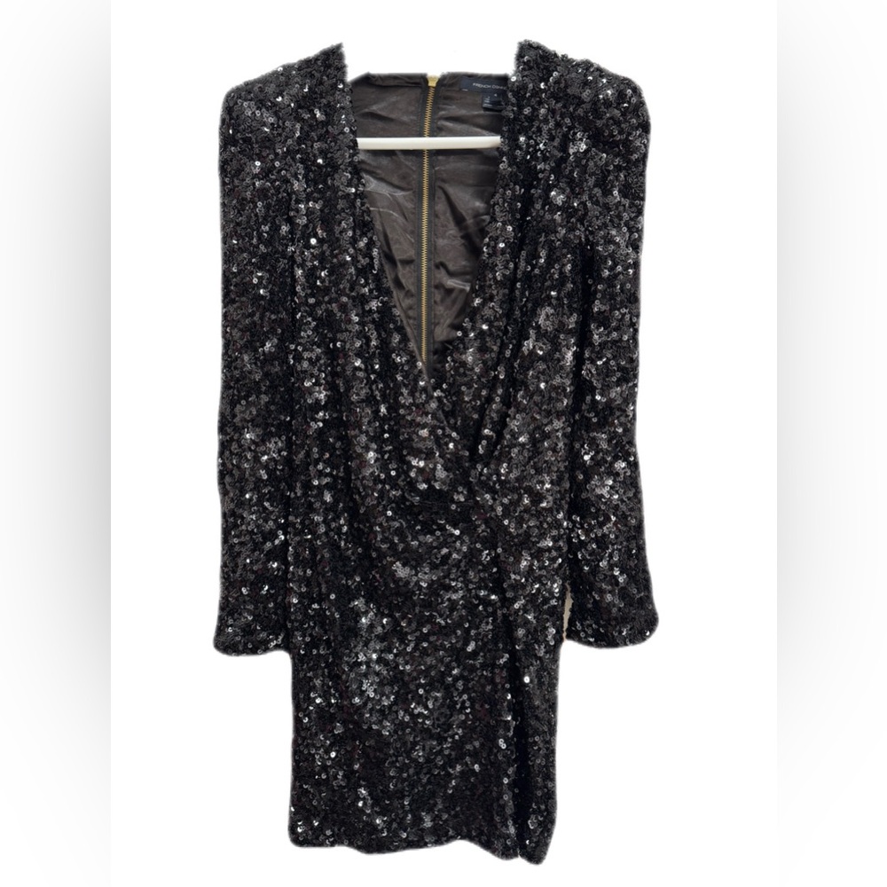 French Connection Black Sequin V-Neck Long Sleeve Dress 4